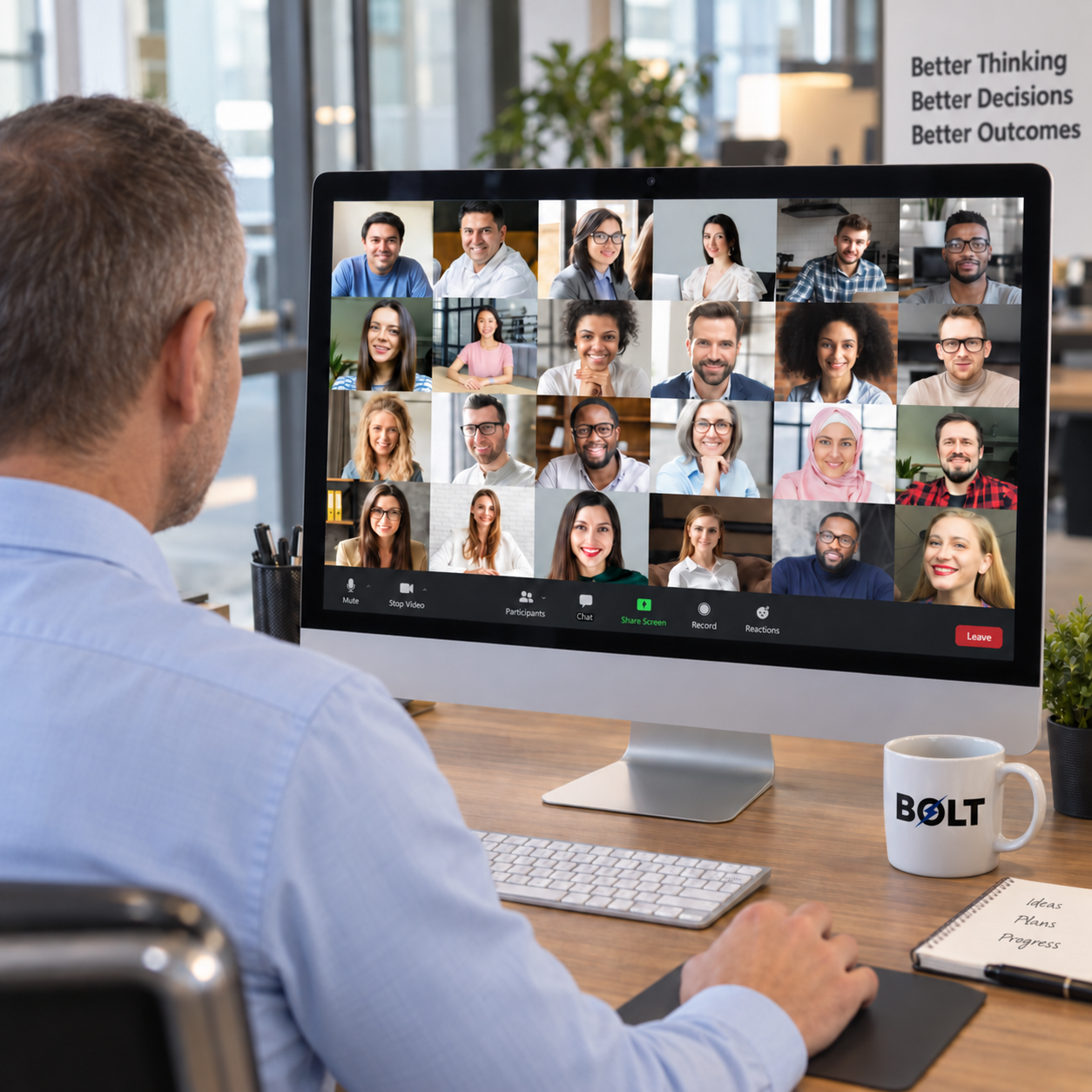 A person joining a live online session on a desktop computer, with a wall sign reading Better Thinking, Better Decisions, Better Outcomes
