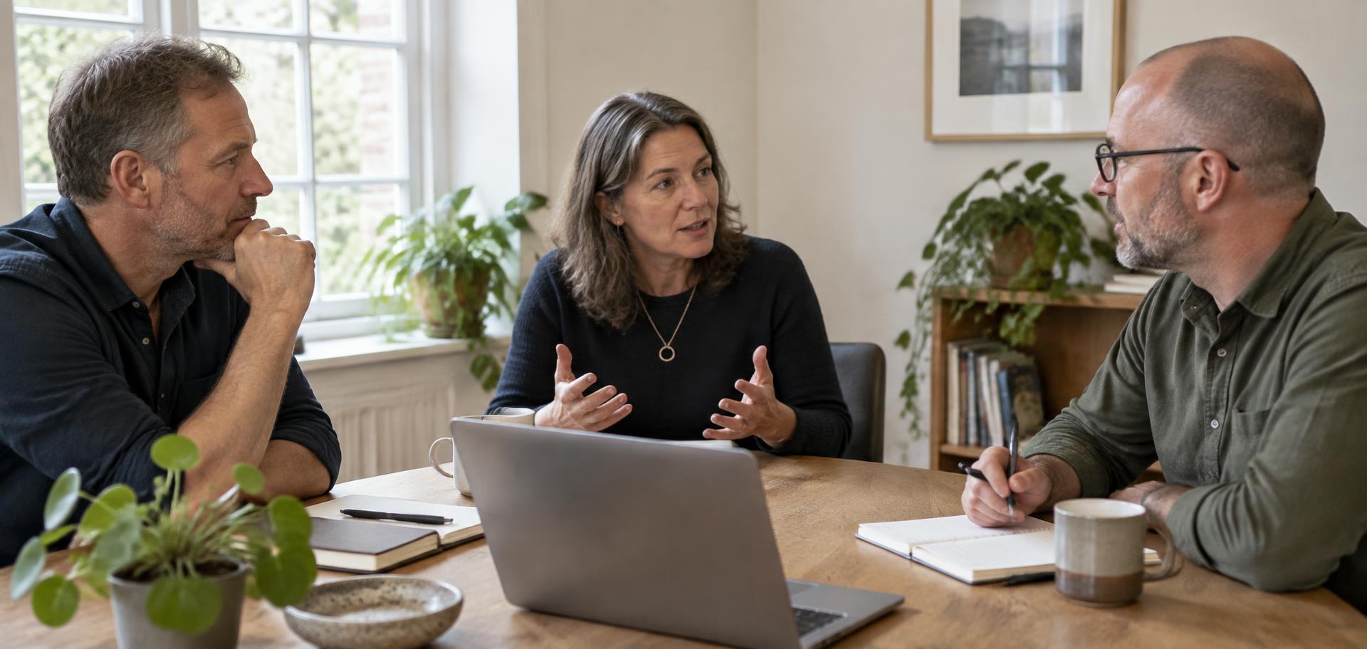 Three business owners talking around a wooden table in a calm, light-filled meeting room